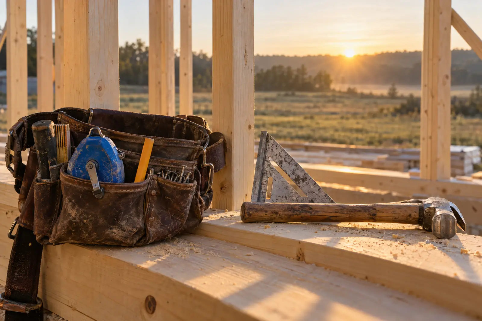 A worn tool belt, framing square and hammer on fresh framing at sunrise