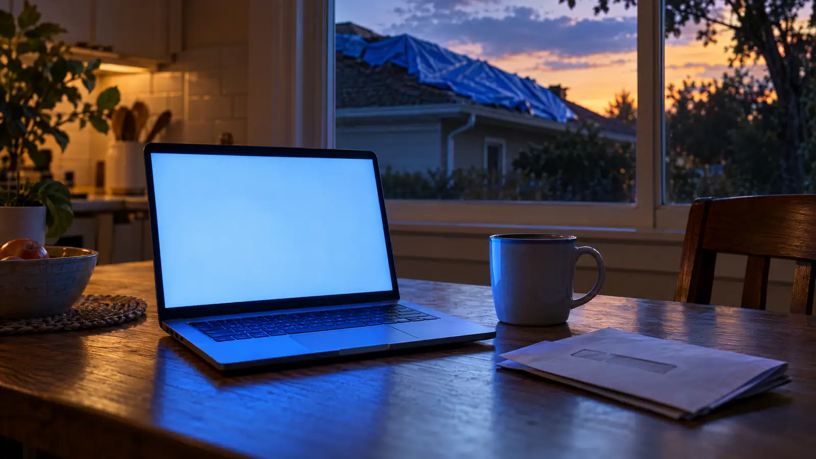 Homeowner on a laptop asking an AI assistant to recommend a local roofing contractor