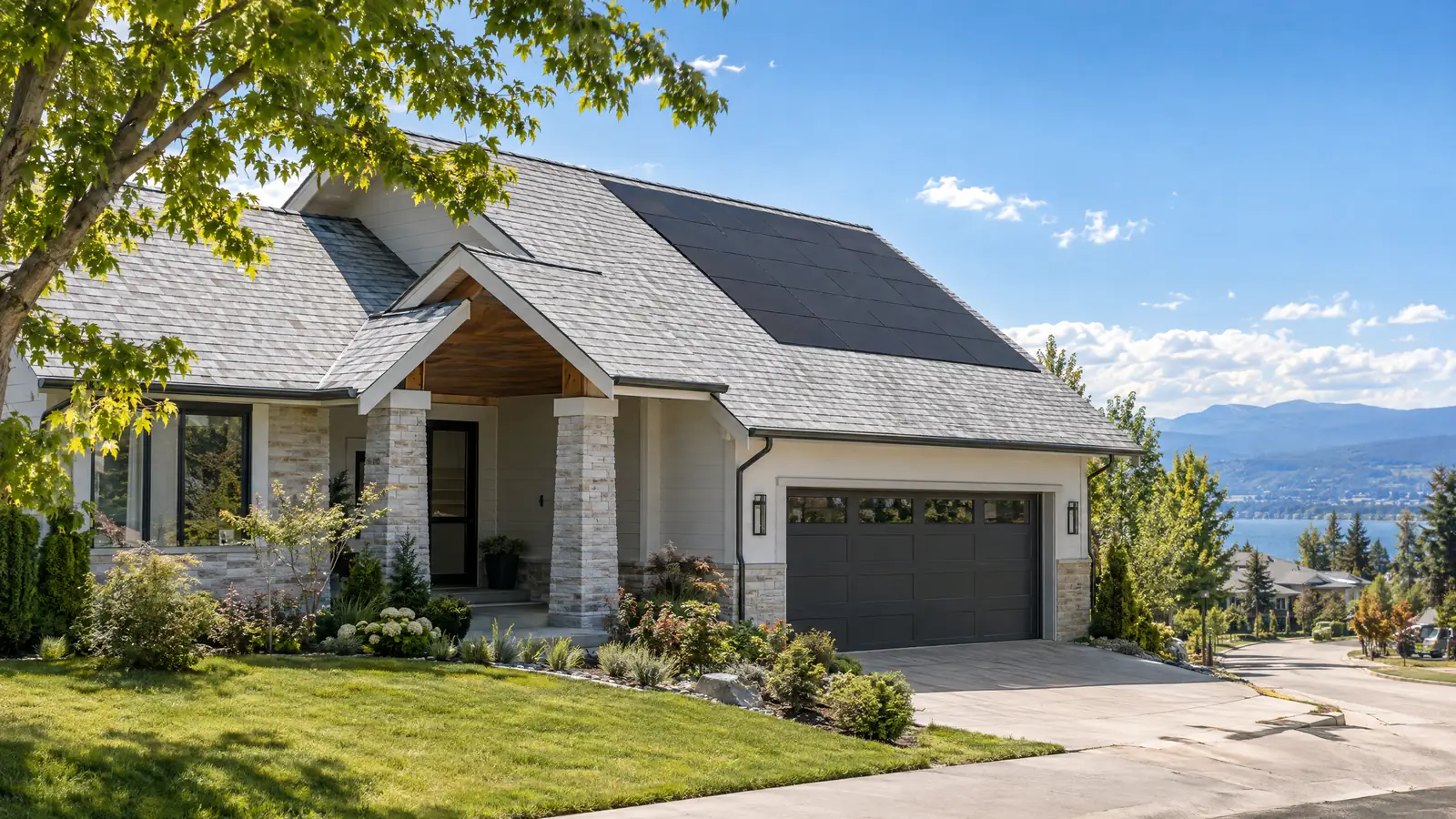 Residential home with a light-colored reflective cool roof and integrated solar shingles on a sunny day