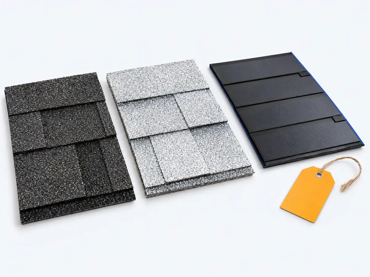 Close-up comparison of standard asphalt shingles next to reflective cool-roof shingles and low-profile solar shingles