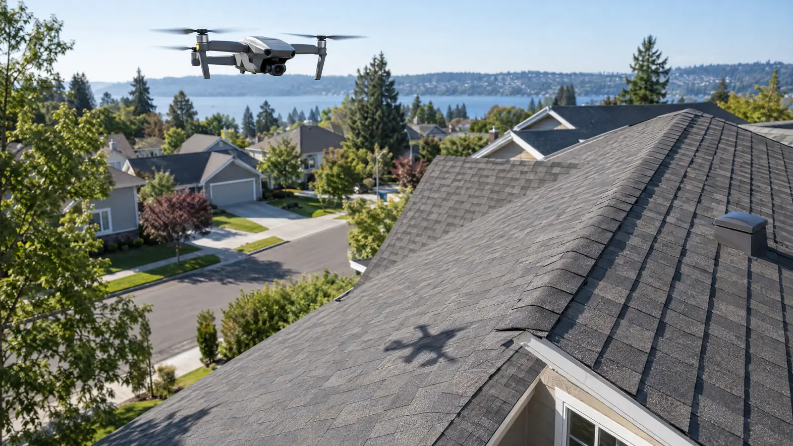 Drone hovering above a residential roof capturing aerial inspection imagery