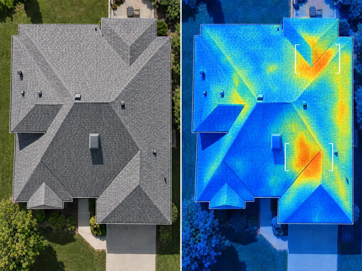 Split-screen illustration of a roof photo next to its AI-analyzed thermal and measurement overlay
