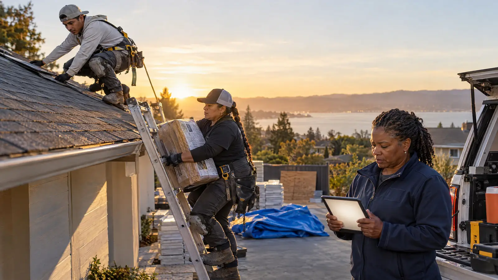 Small roofing crew reviewing a job schedule on a tablet at a job site