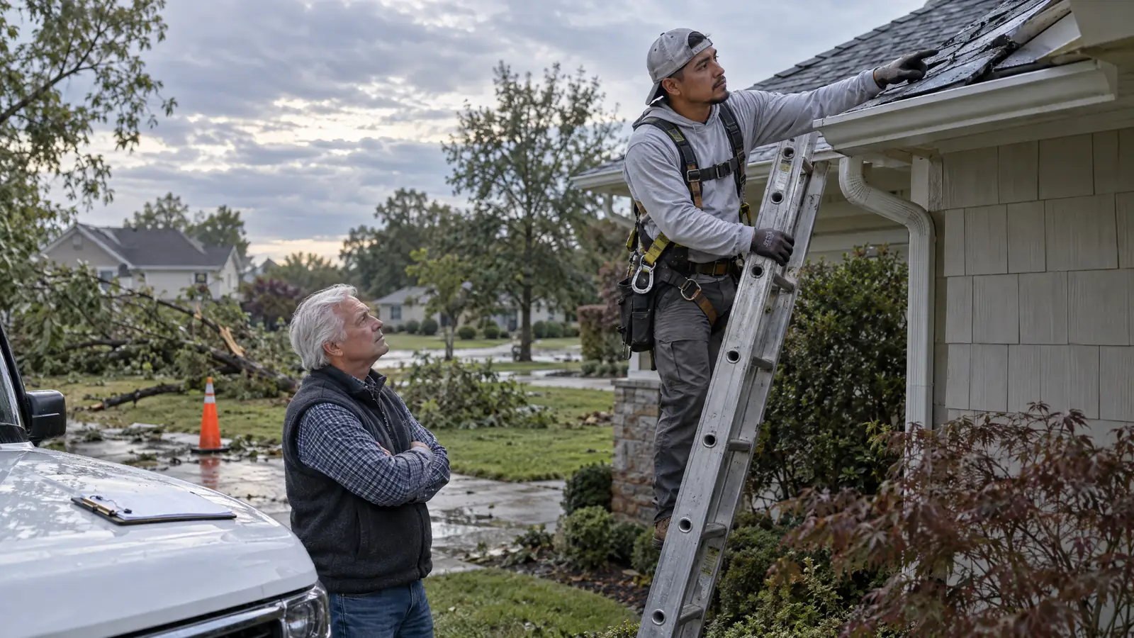 Homeowner and roofing contractor reviewing storm damage on a roof after a storm