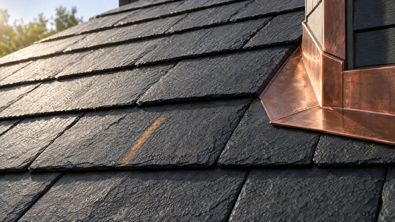 Close-up of synthetic recycled-rubber roofing shingles designed to resemble natural slate