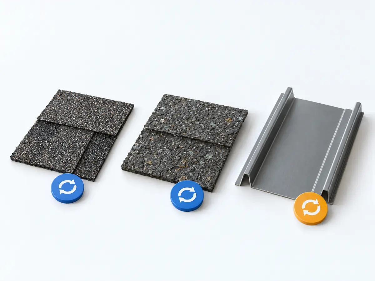 Diagram comparing the lifecycle of asphalt shingles, recycled composite shingles, and metal roofing