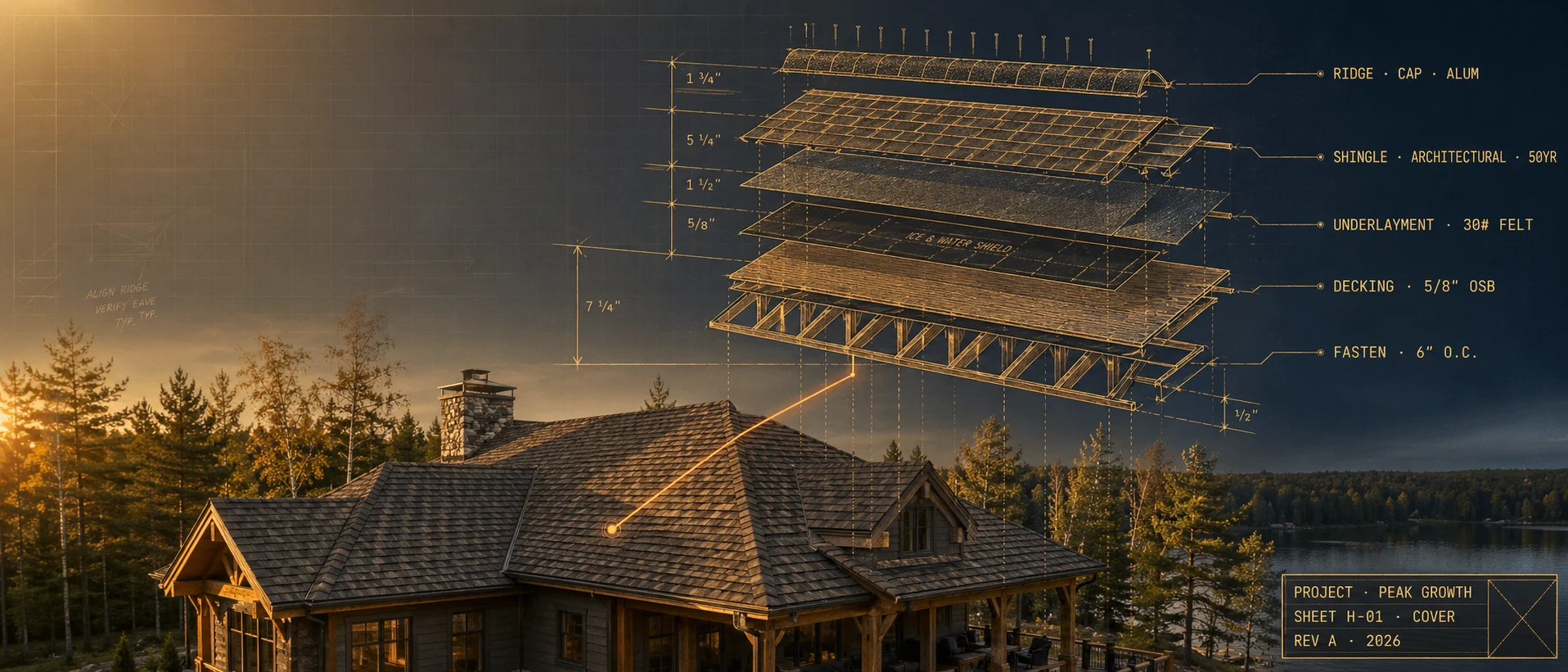 Timber-frame lakeside home at golden hour with exploded roof-system axonometric overlay