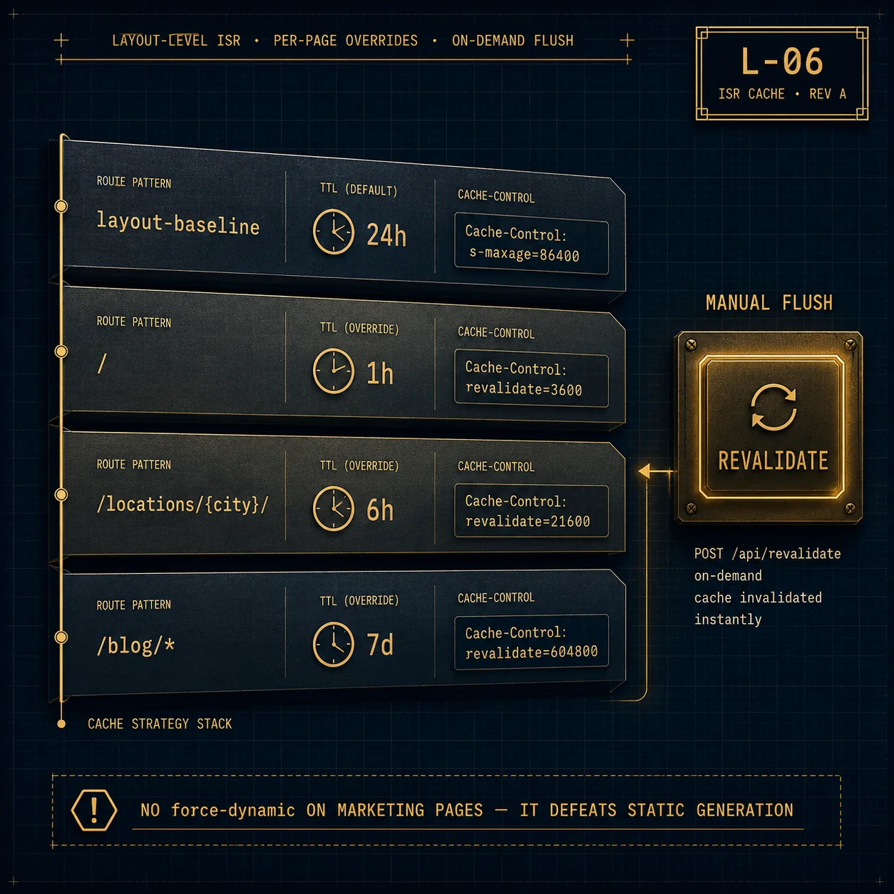 Cache strategy stack: 24-hour layout baseline, 1-hour homepage, 6-hour location pages, 7-day blog, plus a manual REVALIDATE button posting to /api/revalidate for on-demand flush