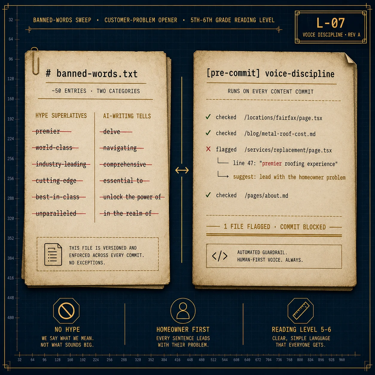 banned-words.txt with 50 entries across two categories — hype superlatives (premier, world-class, industry-leading, cutting-edge, best-in-class, unparalleled) and AI-writing tells (delve, navigating, comprehensive, essential to, unlock the power of, in the realm of) — and a pre-commit voice-discipline check flagging a services page for premier roofing experience
